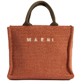 Marni Small Raffia Tote Bag, Brick/Olive 
